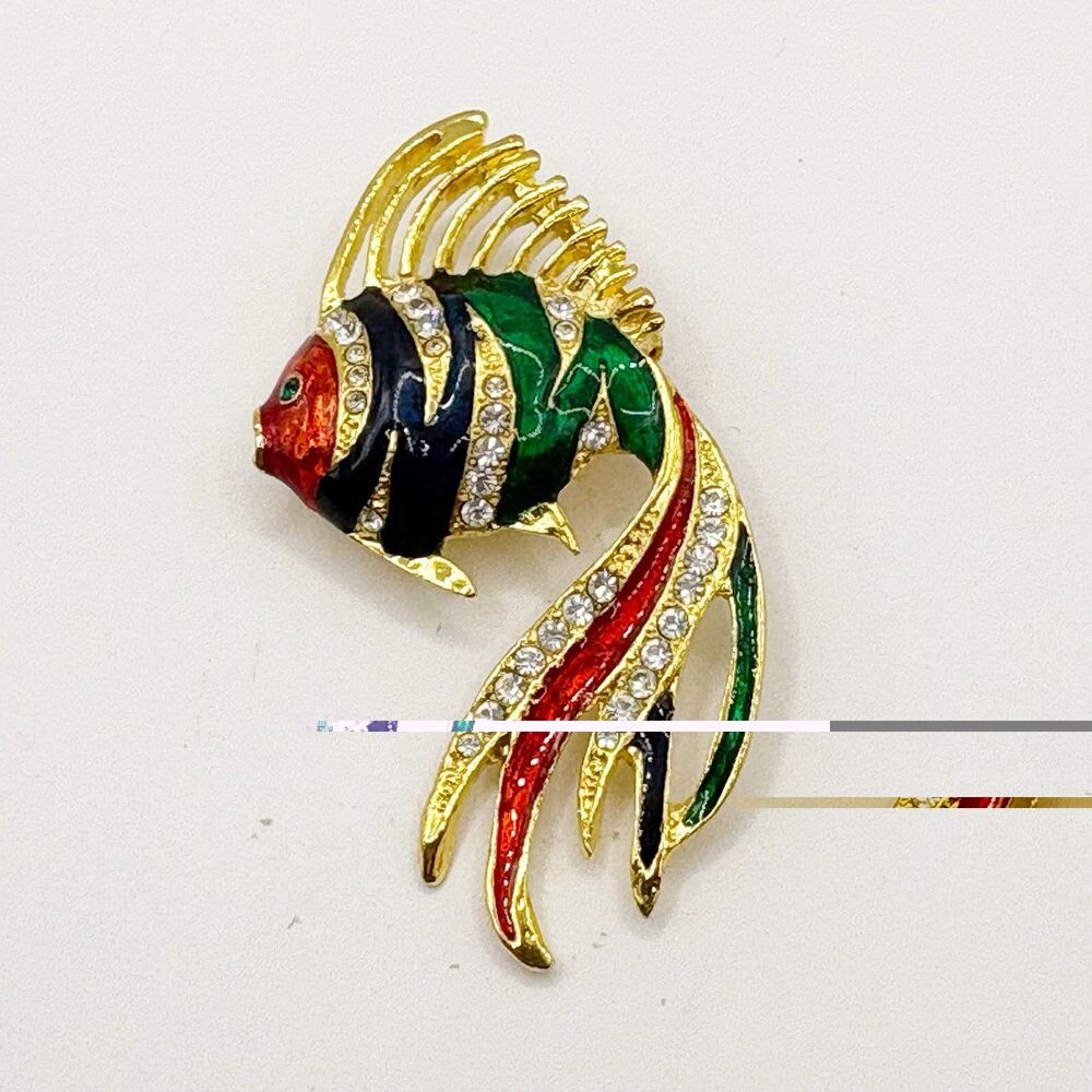 Fish Brooch Multicolor Enamel Rhinestone Gold Tone Pin Sea Life Animals